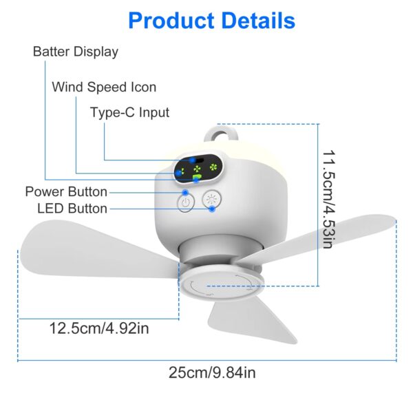 Rechargable Tent Ceiling Fan, with LED Light - Image 3